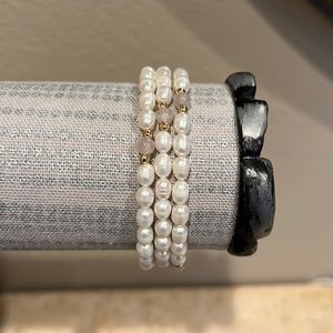 Freshwater Pearl, Pale Pink Stone & Gold Plated Bead Ball Wrap Bracelet